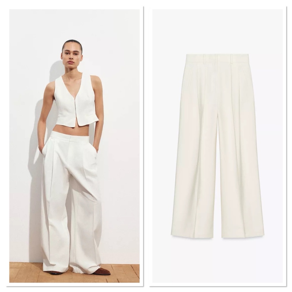 ZARA Twill Wide Leg Darted Trousers in White Size M NWT